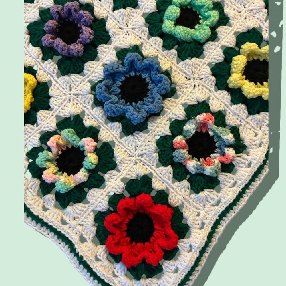 Boho Crochet Throw Blanket Vintage Granny Square Afghan Cottagecore multicolor - Picture 3 of 8